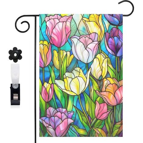 Drapeau de jardin fond bleu et composition de tulipes 30 x 45 cm décoration terrasse et extérieur (1/5)