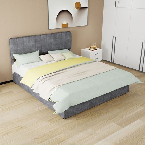 Letto imbottito 160x200 cm, testiera alta, stile moderno, tessuto effetto velluto grigio (1/5)