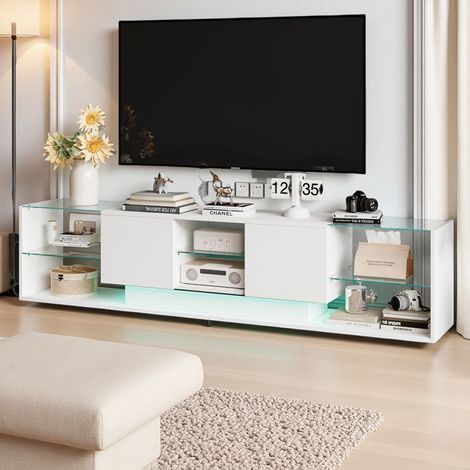 Mobile TV 200 cm, LED regolabile, cassetti doppi, semplicità moderna, legno e vetro temperato, soggiorno, 200 x 35 x 45 cm, bianco