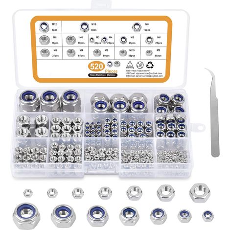 520 Stück DIN985 und DIN934 Sechskantmuttern Sicherungsmuttern Standard A2-70 Edelstahl Muttern 9 Größe selbstsichernd Stopmuttern Sechskant Schraubenmuttern M2 M2.5 M3 M4 M5 M6 M8 M10 M12