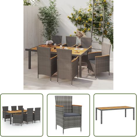 The Living Store 7-tlg. Garten-Essgruppe mit Kissen Poly Rattan Grau - Gartengarnituren - Gartenmöbel - Esstisch - Gartensessel - Rattanmöbel