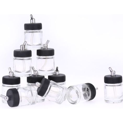 Bouteilles en verre pour aérographe, 10 pièces, bouteilles pour aérographe (pots) avec adaptateur d'angle de 30 °, assemblage de couvercle à utiliser sur les aérographes