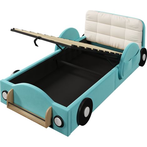 Cama tapizada 90x200 cm con terciopelo, arcón hidráulico, bolsillos laterales y estante (1/5)