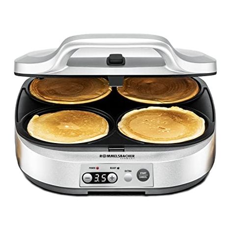 ROMMELSBACHER Pancake Maker PC 1800, 4 piastre da 13,5 cm di diametro, rivestimento antiaderente, timer da 15 minuti, spegnimento automatico, 1800 Watt, colore: argento