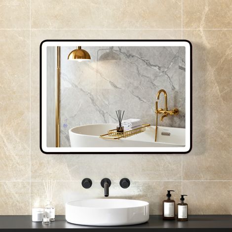 Espejo de baño LED, antivaho, espejo de maquillaje regulable con iluminación, 80 x 60 cm, marco negro.