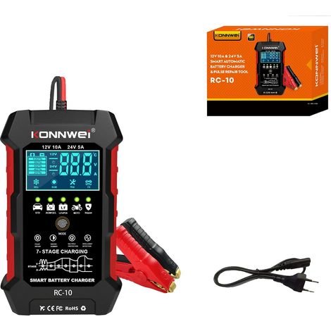 Cargador de baterías inteligente, compatible con 12V y 24V, función de reparación de baterías, color negro. (1/2)