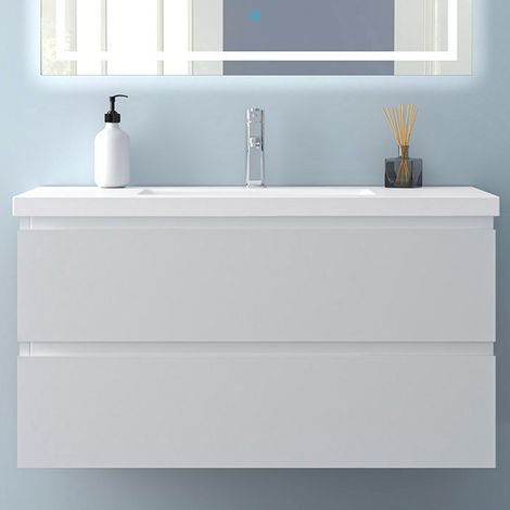 Mobile Bagno Sospeso Con Lavabo,Larghezza 99 cm,Con 2 Cassetti,Mobile Bagno in Stile Moderno Con Funzione di Chiusura Ammortizzata,Bianco Opaco.