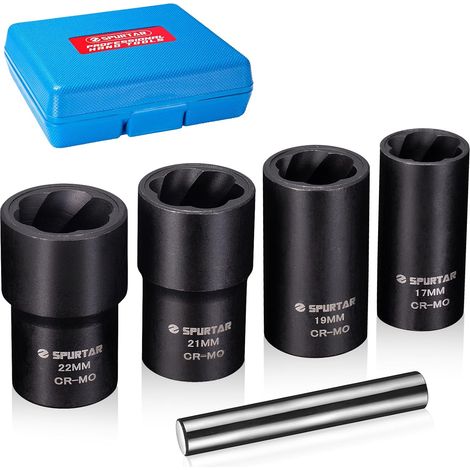 5 Pièces Douille Extracteur de Boulon Antivol  pour Enlever les Boulons Endommagés, Arrondis et Rouillés Extracteur d'ecrou Antivol 17mm, 19mm, 21mm et 22mm (1/5)