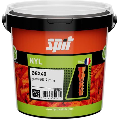 Spit – Cheville pour support plein nylon 8x40 – Seau de 300 unités – Fixation solide pour brique creuse et béton non fissuré – 60137