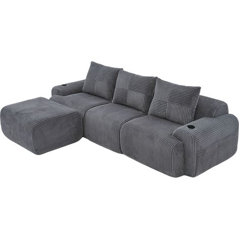 Canapé modulaire 3 places en tissu côtelé gris foncé avec porte-gobelet et rangement latéral (1/5)