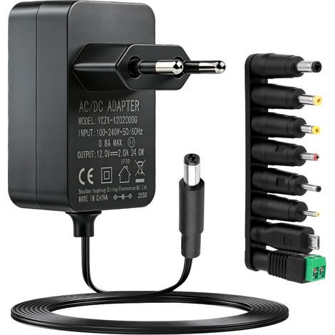 12V 2A Transformateur Alimentation 5,5 x 2,1mm avec 8 Connecteurs Chargeur Adaptateur pour 6V 2000 1500 1000 500mA Tensiomètre Numérique LED Caméra CCTV Routeur Jouet Convertisseur (1/5)