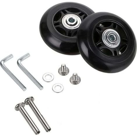 Set mit 2 Ersatz-Kofferrollen 70 x 24 mm, Kofferrollen-Reparaturset, Schraubenschlüssel und Achsenschrauben für Rollkoffer, Inlineskates und Skateboards (1/4)