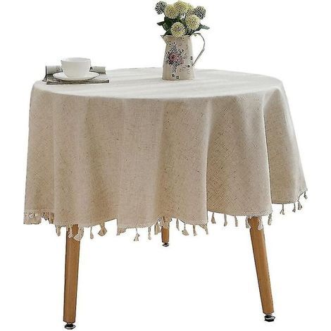 Schlichte runde Tischdecke mit Quasten aus Baumwolle und Leinen, ideal für Küche, Esszimmer oder im Landhausstil. (1/5)
