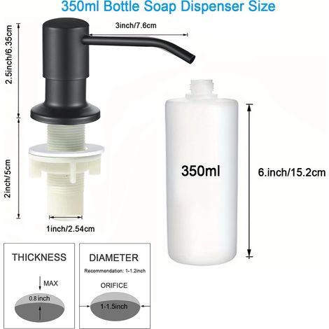 Distributeur de savon liquide pour évier (noir, 350 ml) en acier inoxydable, avec pompe et pompe. Disponible en versions 350 ml et 500 ml. Fixation sur évier. (1/5)