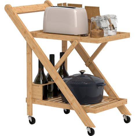 Chariot de rangement de cuisine en bambou, chariot de service pliable, 2 plateaux, 4 roulettes et porte-bouteilles à 3 emplacements, couleur bois naturel, 66×40×70 cm (1/5)