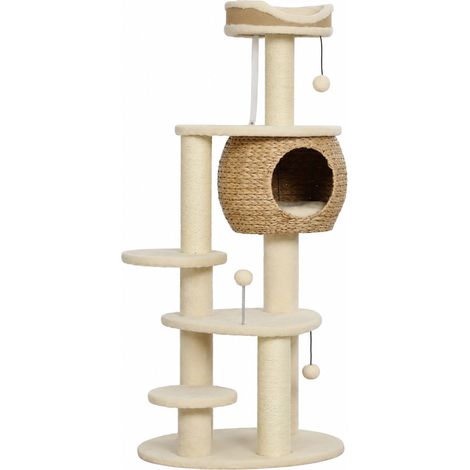 Arbre à chat en rotin design 4 niveaux 132 cm beige - Avec niche, quenouille, panier en jute et coussin - Pour chat - Design naturel élégant (1/5)
