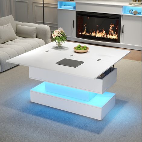 MODFU – Mesa de centro elevable 100x50x51,5 cm con LED, enchufe, USB-C, tablero extensible y carga 30 kg – Blanco (1/5)