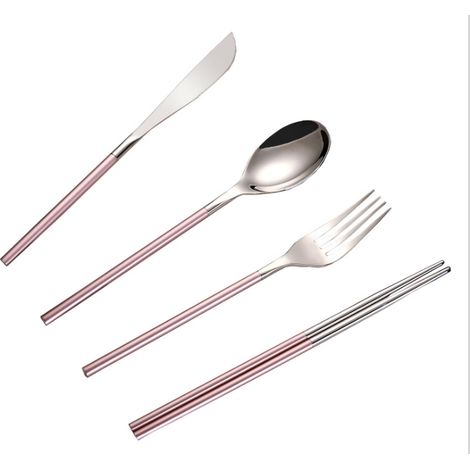 Couteau Fourchette Salade Cuillère À Café Baguettes En Acier Inoxydable 304 Set De Couverts Réutilisables Pour Bureau École Pique-Nique 4 Pièces (1/5)