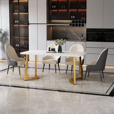 Table à manger 117x68x75 cm effet marbre blanc et doré, plateau MDF, pieds métal, table rectangulaire moderne