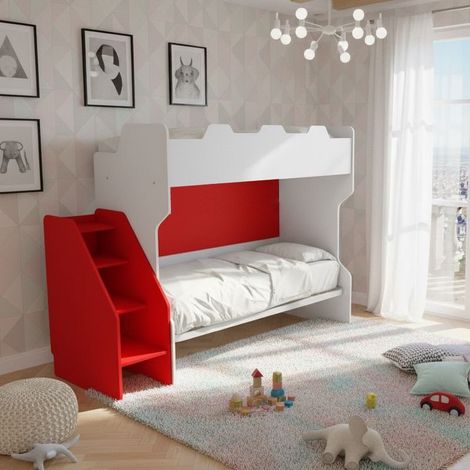 Letto a castello salvaspazio con terzo letto estraibile e scala laterale - Ideale per camerette - Bianco e Rosso