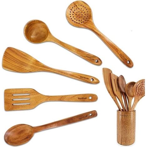 Utensili da cucina – Ecologici – Set da 6 pezzi in legno di acacia – Resistenti ai graffi – Durevoli – Pratici (1/4)