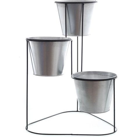 Metall Blumentopfständer in schwarz mit 3 Pflanztöpfen aus Zink - Dreieckiger Ständer mit runden Töpfen - 43 cm - Blumentopfhalter  - Planzenständer