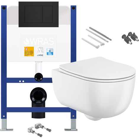 Gloss White Rimless Wall Hung Toilet with Low Height 0.75m Concealed Cistern Frame Set - Matt Black Plate (1/4)
