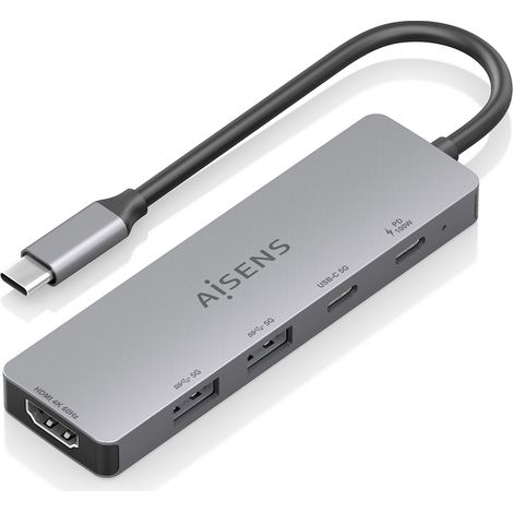 AISENS - USB-C DOCK 5 EN 1, USB-C A 1xHDMI 2xUSB-A 1xUSB-C 1xUSB-C PD, GRIS, 15CM