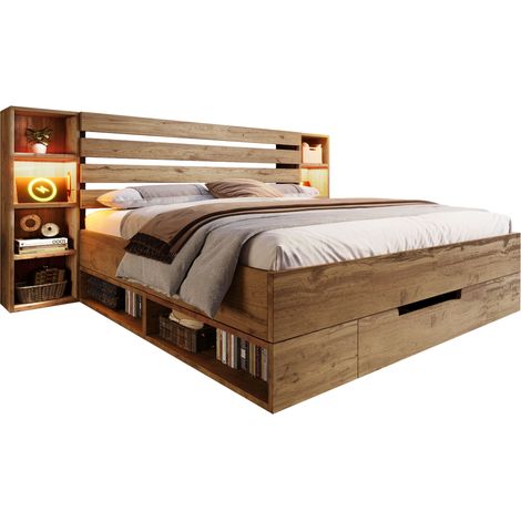 Lit double 160x200 avec tête de lit LED, USB-C et rangements, cadre en bois et métal, matelas 7 zones 720 ressorts, CHICFURN (1/5)