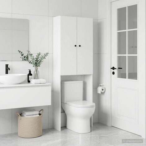 Meuble de Salle de Bain avec Miroir et Éclairage LED, Armoire de Toilette Murale Blanche 66x25.5x190 cm, Rangement Moderne avec Lavabo Intégré pour WC (1/5)