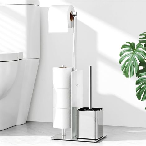 Porte-Papier Toilette sur Pied avec Brosse WC et Porte-Papier Toilette avec Étagère en Verre - Acier Inoxydable - Sans Perçage (Argent) (1/5)