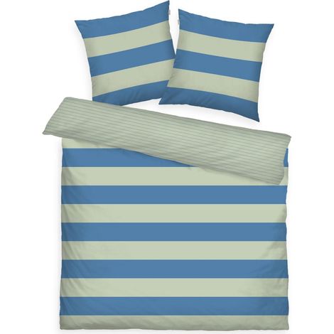 Housse de Couette, 2 80x80 cm + 200x220 cm, 100% Coton/renforcé, Motif Réversible et Fermeture Eclair Colorée, Bold Stripes Vert, Bleu (Green Leaf (1/5)