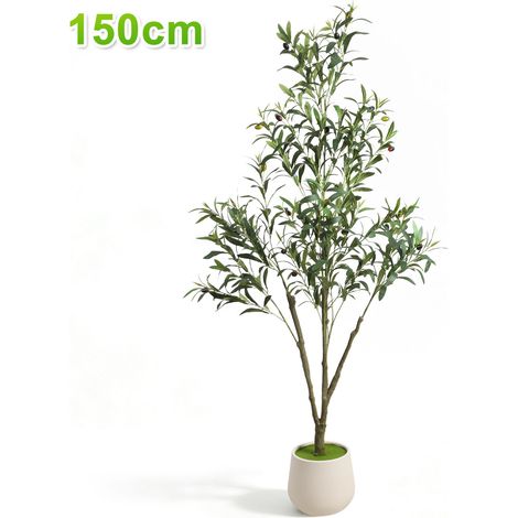 Jiubiaz Künstlicher Olivenbaum 150 cm im Topf, Kunstpflanze mit 3 Zweigen und 550 Blättern, dekorativer Kunstbaum für Wohnzimmer, Büro und Eingang (1/5)