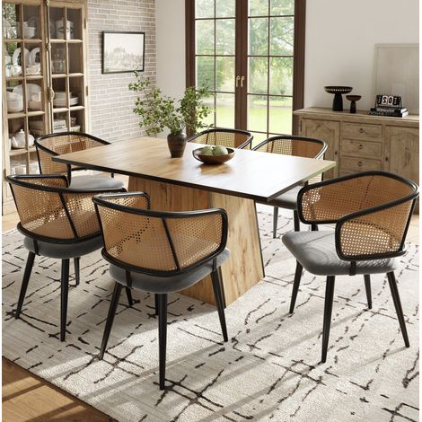 Silla de comedor gris con respaldo de ratán y patas de hierro, 47 x 51 x 79 cm (1/5)