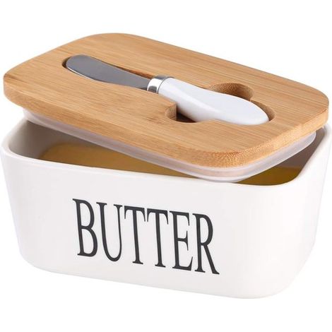 Beurrier en céramique avec couvercle en bois, grand support à beurre avec couteau en acier inoxydable, couvercle en bambou et joint en silicone pour la côte ouest, blanc (1/5)