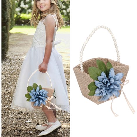 Panier à fleurs vintage en toile de jute pour demoiselles d'honneur et petites filles d'honneur, anses en nacre, pouvant contenir des pétales de bonbons et des fleurs artificielles, panier de décorati (1/5)