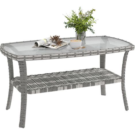 Table de jardin rectangulaire en rotin avec étagère, plateau en verre trempé à motif ondulé, 90 x 50 x 45 cm, gris foncé