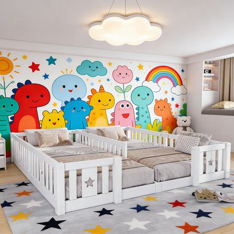 Lit de sol, 180 x 200 cm, lit double, avec protection anti-chute, lit simple Montessori de 90 x 200 cm, pour 2 enfants, en bois massif, blanc, sans sommier à lattes