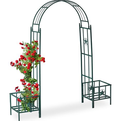 Relaxdays – Arche de jardin en métal vert – Dimensions H226 x L204 x P45 cm – 2 bacs jardinière pour plantes grimpantes – Résistante aux intempéries