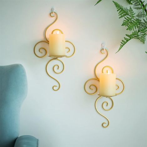 Applique da parete per soggiorno, 2 pezzi, portacandele in metallo per lumini a colonna, decorazioni murali nere vintage con design artistico moderno per (1/5)