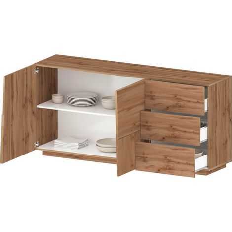 Dmora - Credenza Avelignese, Buffet da soggiorno, Madia da salotto con 2 ante e 3 cassetti, 180x44h86 cm, Rovere