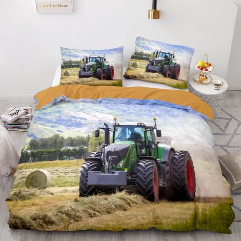 Parure de lit 3D motif tracteur 135 x 200 cm 2 pièces avec fermeture éclair douce et agréable pour dormir en microfibre avec housse de couette de 80 x 80 cm (1/5)