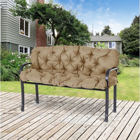 Cojín de banco 3 plazas 150x98x8 cm, poliéster caqui con lazos para jardín FloraGrace (1/5)