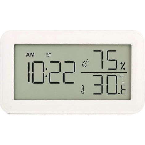 Thermomètre et hygromètre d'intérieur avec réveil, thermomètre numérique LCD, convient aux chambres, salons et caves à vin (blanc). (1/5)