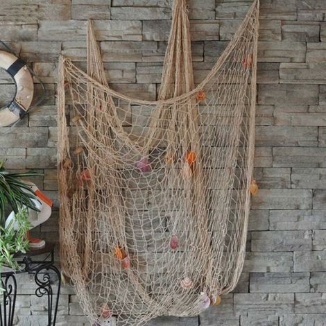 Red de pesca decorativa, estilo playero y costero, decoración de pared con conchas marinas, decoración de puerta estilo mediterráneo, pegatinas de estilo náutico 100 x 200 cm beige (1/5)