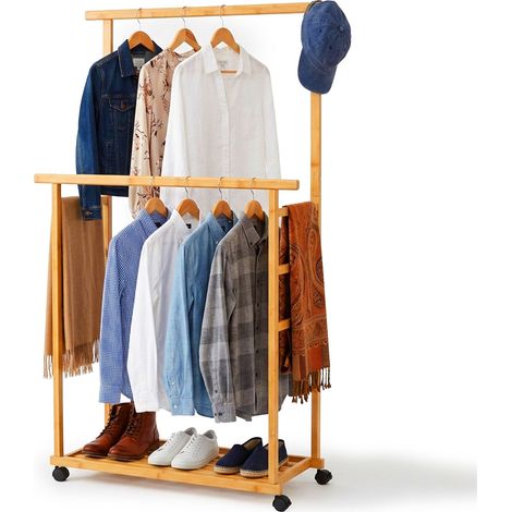 Relaxdays clothes rack with castors, bamboo, 2 clothes rails, shoe shelf, HxWxD: 148 x 80 x 36cm, natural (1/5)