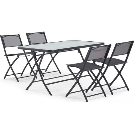 Oviala – Ensemble table de jardin 4 places – Table pliante 130x81cm en acier epoxy et verre noir – Chaises pliantes en acier epoxy – Pour petits espaces