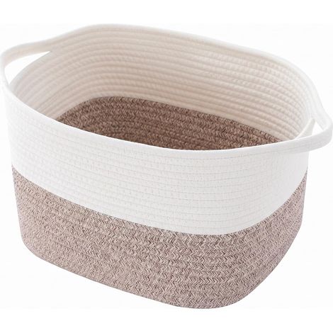 Panier de rangement tressé en corde de coton, panier de rangement avec poignées, panier pliable, pour étagère, salon, chambre d'enfant, salle de bain, blanc et marron (34 x 28 x 24 cm) (1/5)