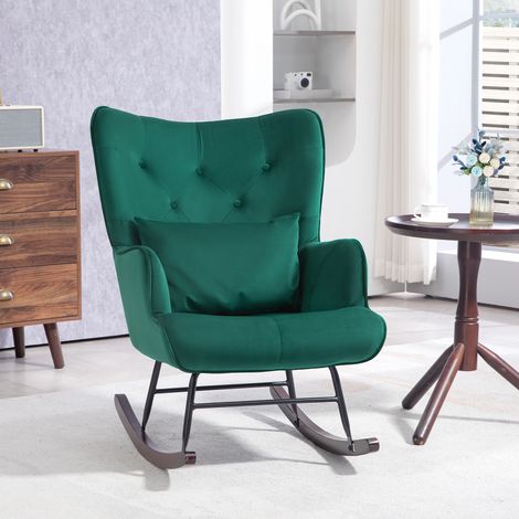 Fauteuil à bascule en velours à dossier haut. Fauteuil à bascule avec coussin et accoudoirs pour salon et chambre. Vert. (1/5)