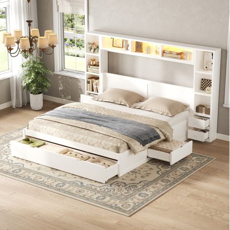 Doppelbett 140x200 cm aus weißem MDF mit 7 Schubladen, LED, platzsparend – MEUBLIV (1/5)